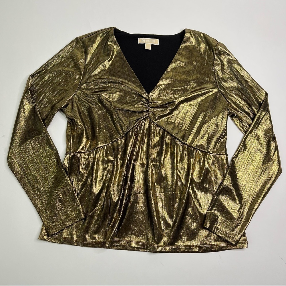 𝅺michael KORS Gold Liquid Metallic Shimmer Stretchy Drop Waist Dressy Top Shirt